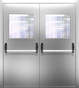Двупольная нержавеющая дверь со стеклом и системой Антипаника ДПМО 02/60 (EI 60) — №03 (NEW)