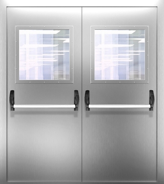 Двупольная противопожарная нержавеющая дверь со стеклом и системой Антипаника ДПМО 02/60 (EI 60) — №03 (NEW)