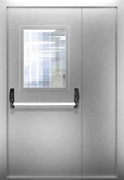 Полуторопольная противопожарная нержавеющая дверь со стеклом и системой Антипаника ДПМО 02/60 (EI 60) — №03 (NEW)